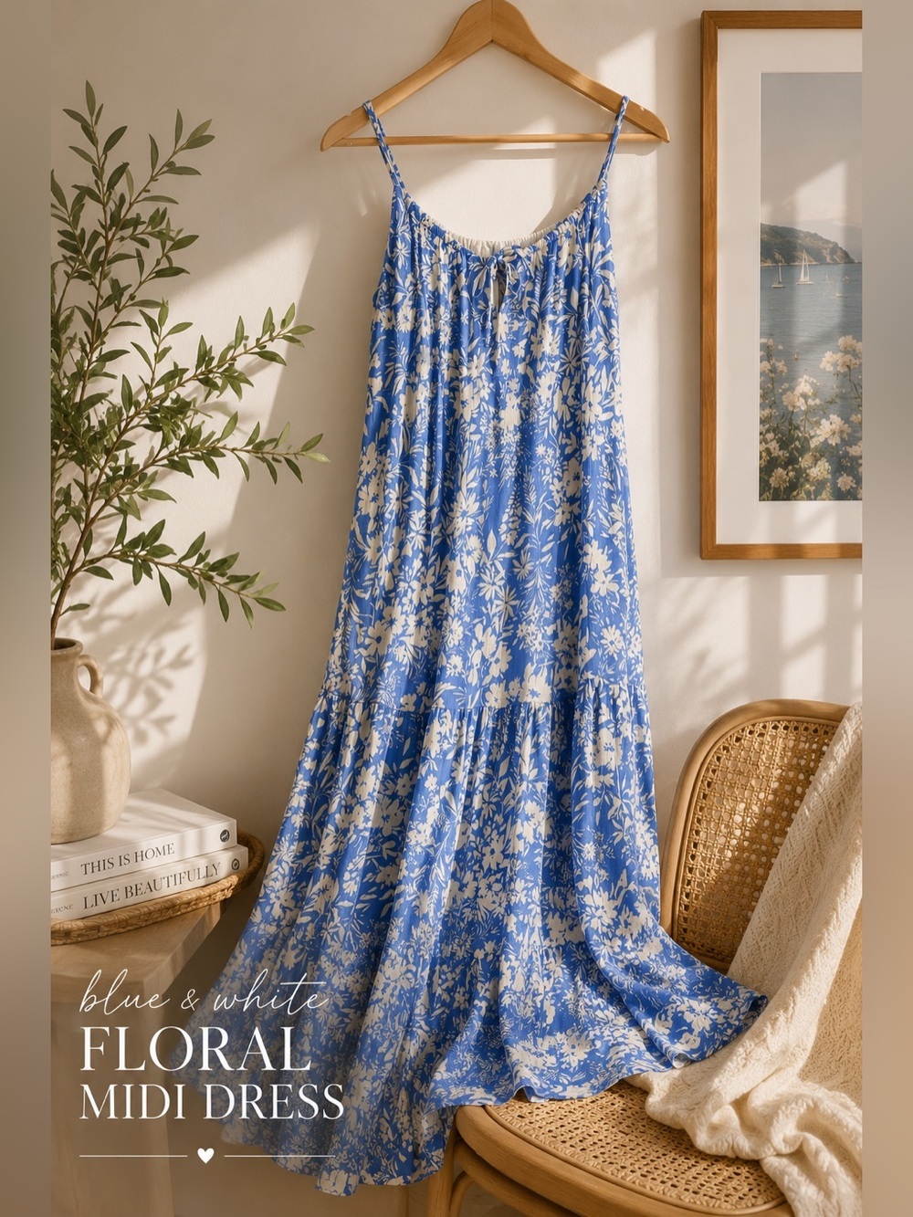 Blue & White Floral Tiered Midi Dress | Cottagecore Boho Sundress | Adjustable - Picture 2 of 9